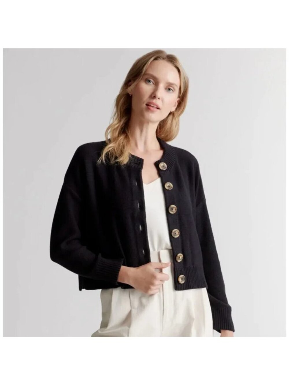 Quince Women's Black Cropped Cardigan sz L 100% Organic Cotton Button Front NWT